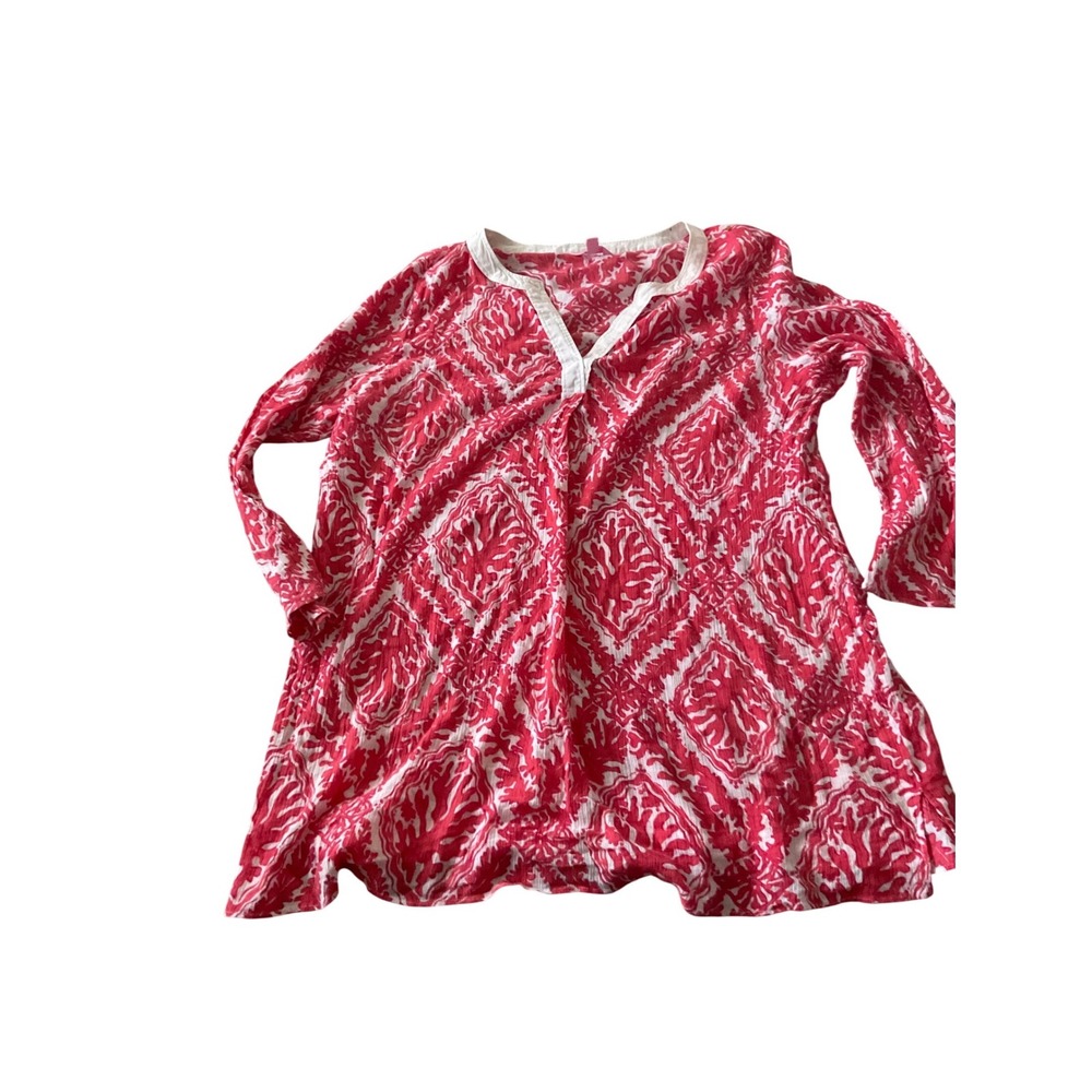 Lilly Pulitzer Tunic Dress Coral White Ikat Print‎ Long Sleeve XL